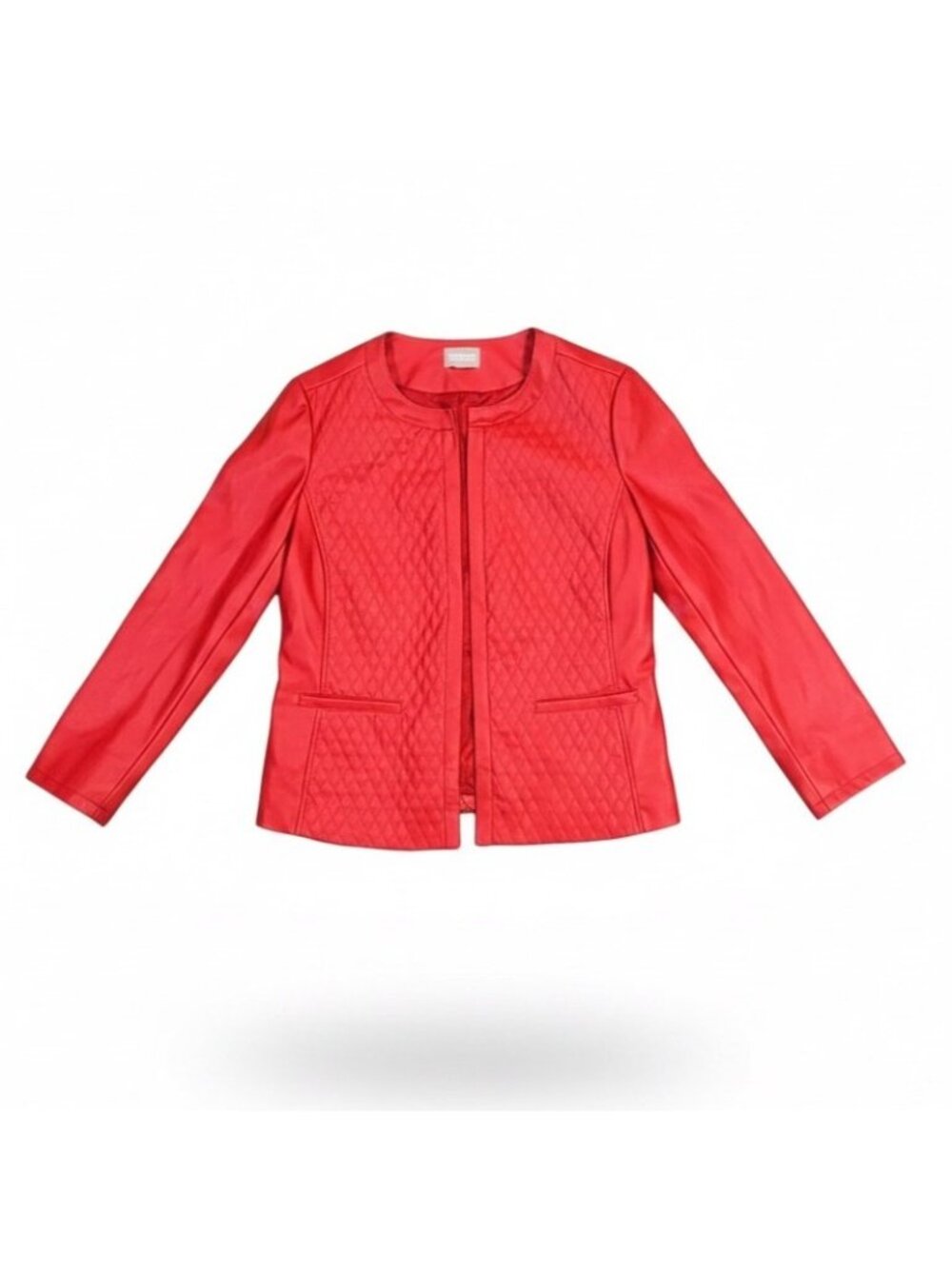 Chicos Red Quilted Faux Leather Jacket Open Front Diamond Stitching Women Sz1